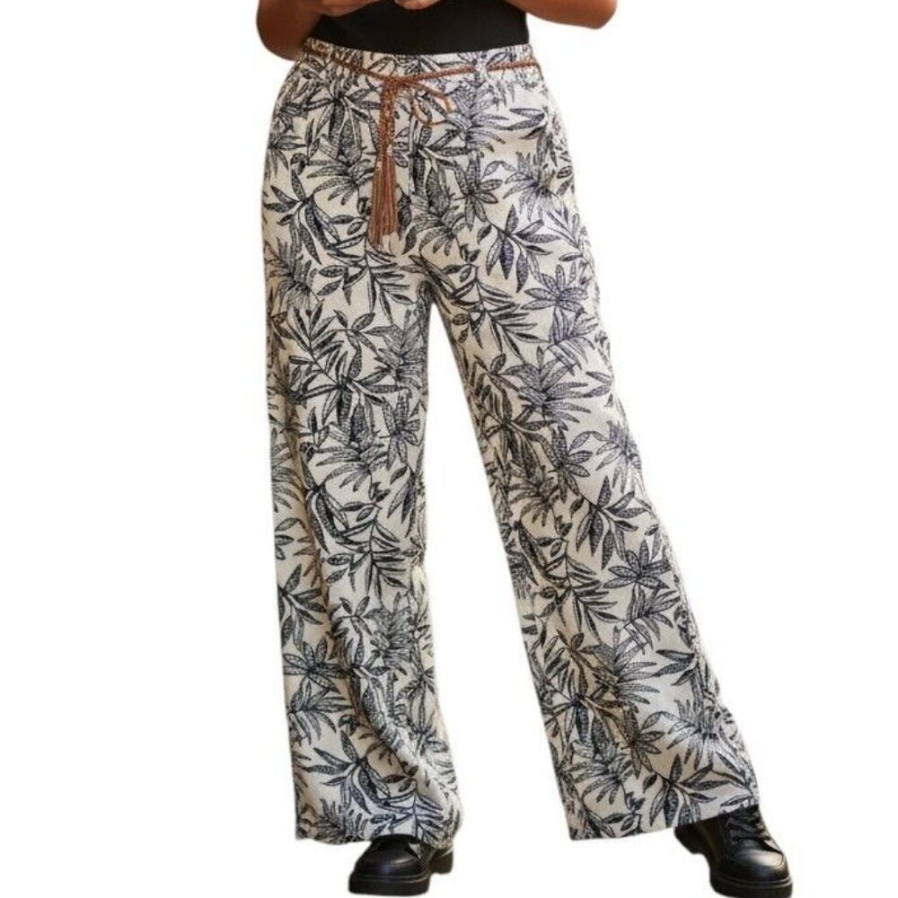 Messini Floral Wide Leg Linen Blend Pants XL w/ Matching Braided Belt NWT